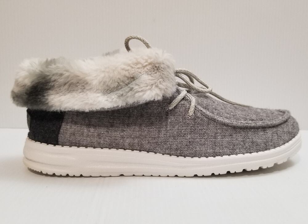 Hey Dude Wendy Fold Faux Fur Comfort Shoes in Sunset Smoke Cozy Gray Women's 9